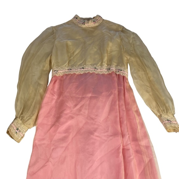 Vintage 60s 70s Empire Gown White Pink Organza Lace Ribbon Trim Formal Dress - Picture 7 of 16